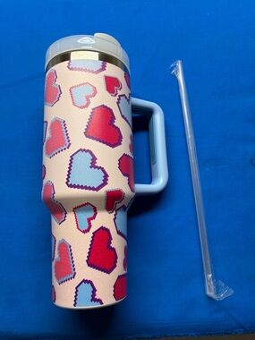 Blue Handle Heart Pattern Insulated Travel Tumbler - Unbranded